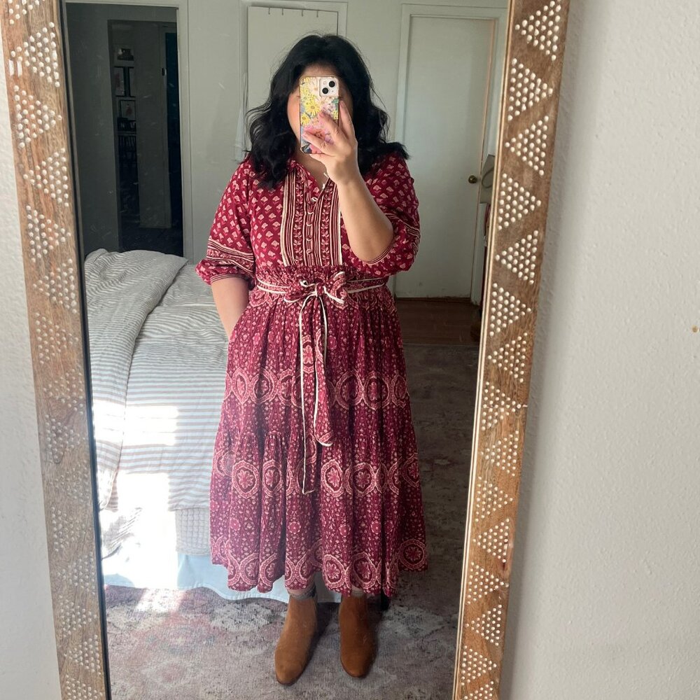 Deep Red Patterned Cotton Midi Dress with Removable Belt